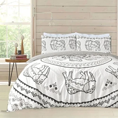 Image of Sleepdown Tribal Elephant Mandala White Grey Black Reversible Duvet Cover Quilt Pillow Cases Bedding Set Soft Easy Care King (230cm x 220cm)
