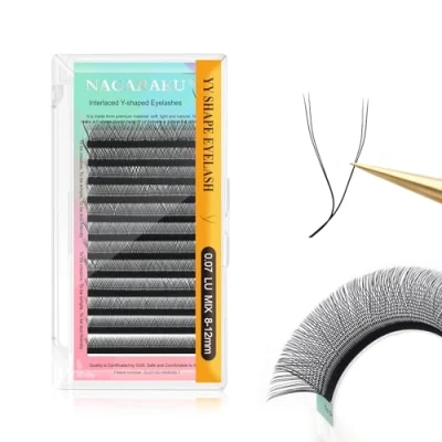 Image of NAGARAKU YY Eyelash Extensions Supplies Y Lash Premade Fans 4D Russian Volume Cross Eyelashes Handwoven Shaped Mesh Technology Wispy Crisscross Cluster Matte Black 12 Rows(0.07 C Curl 14mm）