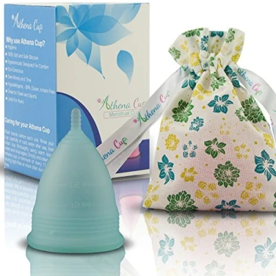 Image of Athena Menstrual Cup One Pack, Period Cups for Regular to Heavy Flow (Size 2 Large) Soft Reusable Menstruation BPA Free Feminine Silicone Easy Use and Clean Tampon Pad Alternative (Transparent Blue)