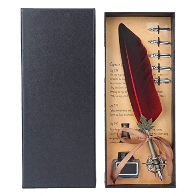 Image of Hztyyier Quill Pen Set Feather with 5 Nibs Calligraphy Writing for Holidays, Christmas, Birthdays Gifts in Gift Box(Red)