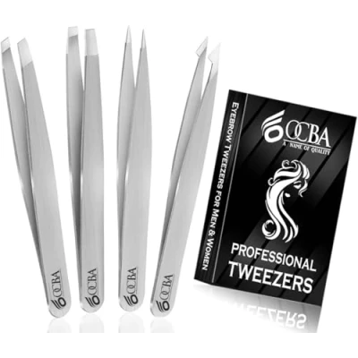 Image of OCBA 4 Pcs Silver Tweezers for Facial Hair Women &amp; Men Precise Grooming of Eyebrows Professional Stainless Steel Black Color Coated Eyebrow Ingrown on Nose Ear (Silver)