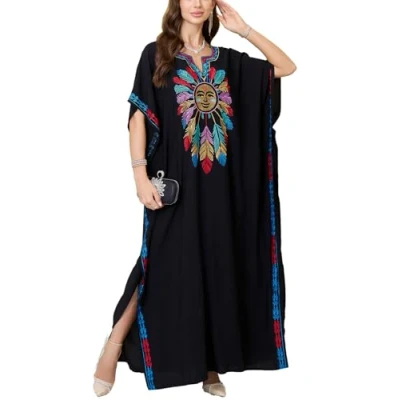 Image of YouKD Wemon&#039;s Summer Cotton Long Kaftan Maxi Dress Bohemian Swimsuit Beach Cover Up Robes Black White