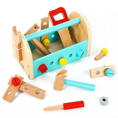 Image of SOKA My First Toolbox Carpenter Wooden Building Tools Play Set Construction Wood Craft Pretend Builder Woodwork Preschool Learning Toy for Kids Children Boys Girls Ages 3 year old +
