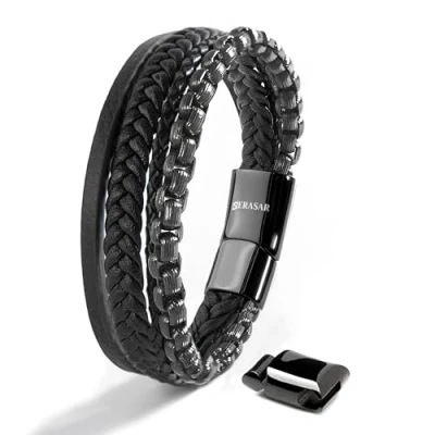 Image of SERASAR Mens Leather Bracelet 20cm Black Men Gift Box Genuine Braided Adjustable Magnetic Clasp Multilayer Wrap Rope Man Mans Bracelets Jewelry Magnet Accessories