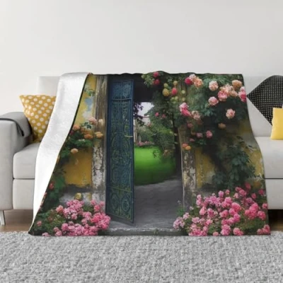 Image of Flannel Fleece Throw Blanket Flowery Door Print Lightweight Soft Couch Warm Cozy Plush for Bed Sofa Chair 50&quot;X40&quot;