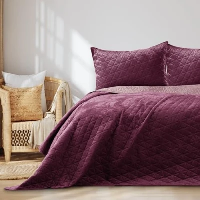 Image of AmeliaHome Laila Bedspread 170 x 270 cm Purple Double Sided Quilting Velvet