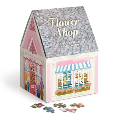 Image of Galison Flower Shop 500 Piece Unique House Shaped Puzzle with Dreamy and Springtime Artwork of A Cozy