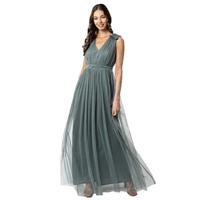 Image of Maya Deluxe Women&#039;s Ladies Maxi Dress with Ruffle V Neck Sleeveless High Empire Waist Long for Prom Guest Wedding Bridesmaid, Misty Green, 12