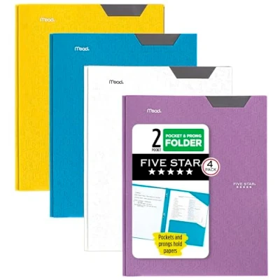 Image of Five Star 2 Pocket Folders, 4 Pack, Plastic Folders with Stay Put Tabs and Prong Fasteners, Holds 8 1/2 x 11&quot; Paper, Writable Label, Tidewater Blue, White, Amethyst Purple, Harvest Yellow (38064)