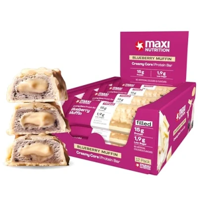 Image of MaxiNutrition Creamy Core Protein Bar High Snack Fat Free, Low in Sugar 15g Blueberry Muffin, 200 kcal per Serving, 12 x 45g