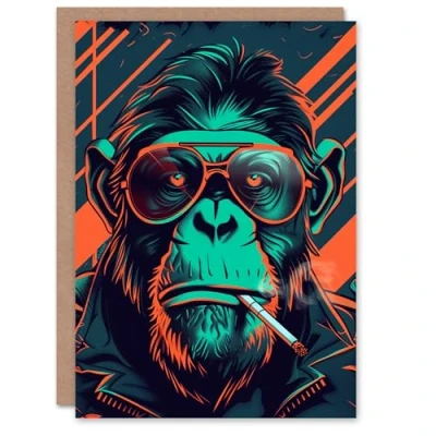 Image of Artery8 Birthday Card Rock Chimp Neon Cyberpunk For Him Man Male Dad Brother Son Papa Grandad Greeting
