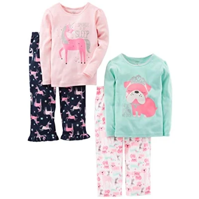 Image of Simple Joys by Carter&#039;s Girls&#039; 4 Piece Pajama Set (Cotton Top &amp; Fleece Bottom), Mint Green Puppy/Navy/Pink Unicorn/White Dogs, 7 Years
