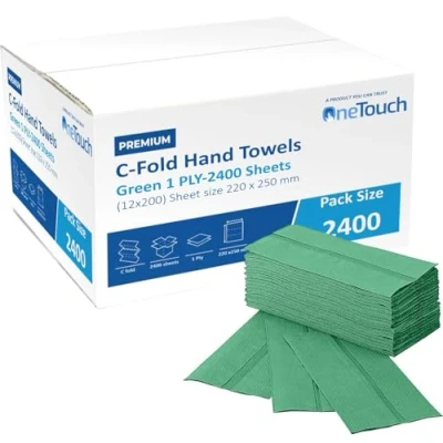 Image of Premium C fold Hand Towels, Green Paper Towel 1ply Recycled Dispenser Towels 2400 Sheets, 220 x 250mm (C Green)