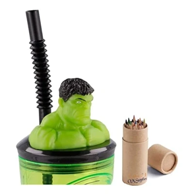 Image of OM SUPPLIES Hulk 3D Figurine Cartoon Characters Reusable Tumbler Childrens Drinking Cup Straw 23 x 7.5 7.5cm Includes Half Size 12pcs Pencil Set (Hulk)