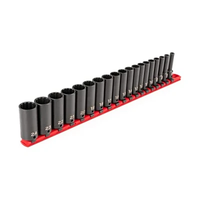 Image of TEKTON 3/8 Inch Drive Deep 12 Point Impact Socket Set with Rail, 19 Piece (6 24 mm) SID91115