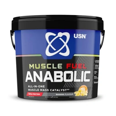 Image of USN Muscle Fuel All In One Mass Gainer, Banana Flavour, 54g Protein Powder, 5g Creatine Powder &amp; BCAA For Maximum Growth, Post Workout Recovery Drink Mix 4kg