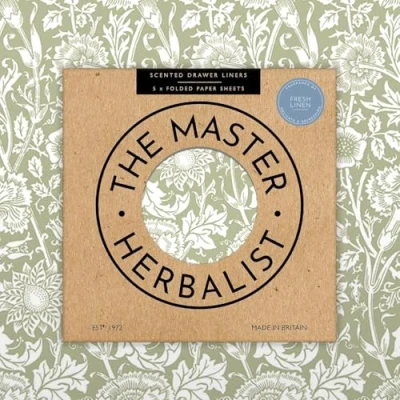 Image of the Master Herbalist Fragrant FRESH LINEN Scented Drawer Liners in a SAGE GREEN William Morris Design Pack of 5 Sheets (FOLDED) Contains Essential Oils Made UK