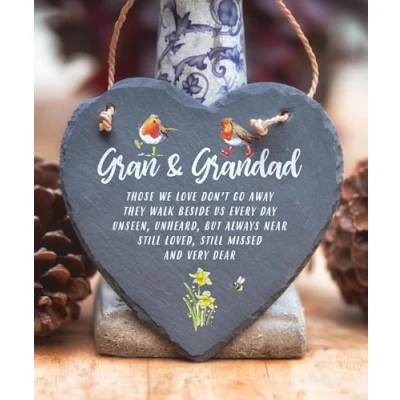Image of Image Industry Gran &amp; Grandad Slate Heart Hanging Memorial Gift Robin Lovers