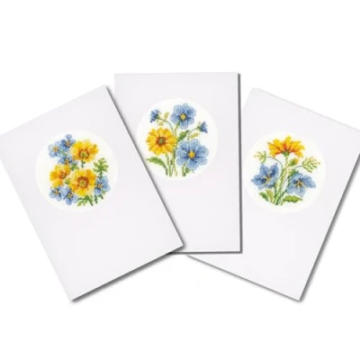 Image of Vervaco Counted Cross Stitch Kit: Card: Blue &amp; Yellow Flowers: Set of 3, Cotton, Multicoloured, 10.5 x 15 0,3 cm