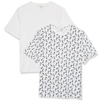 Image of Amazon Essentials Men&#039;s T Shirt Regular Fit Short Sleeve Crewneck, Pack of 2, Bright White/White Pineapple Print, XXL