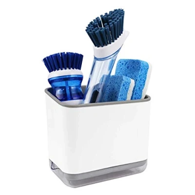 Image of KeFanta Sink Counter Caddy, Dish Sponge Holder, Kitchen and Brush Plastic Scrubber Organizer with Drain Tray, White