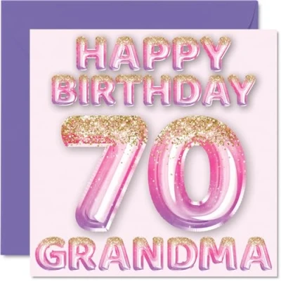 Image of 70th Birthday Card for Grandma Pink &amp; Purple Glitter Balloons Happy Cards 70 Year Old from Grandson Granddaughter, 145mm x Bday Greeting Gift