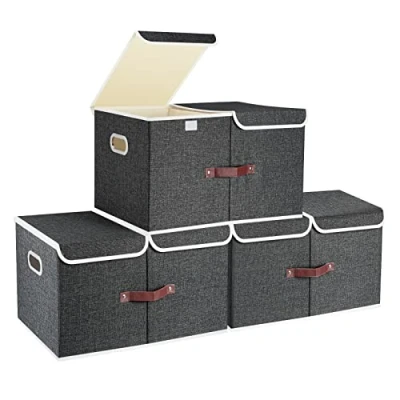 Image of TYEERS Extra Large Storage Box with Lids and Compartments, Collapsible, Washable, Fabric Lid for Clothes, Wardrobe Storage, 55x33x30 cm, Set of 3, Black