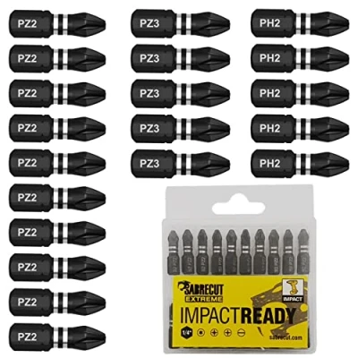 Image of 20 x SabreCut SCPB25_20 25mm PZ2 PZ3 PH2 Impact Screwdriver Driver Bits Set Single Ended PoziDriv POZI No.2 No.3 Phillips Heavy Duty Including Storage Box