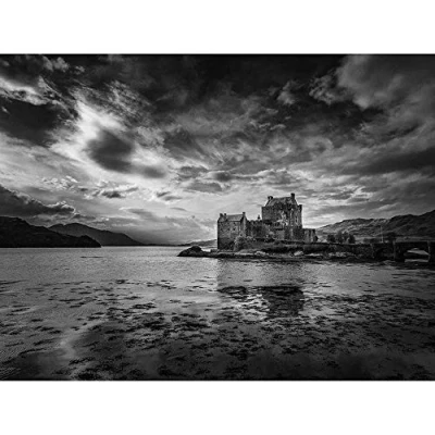 Image of Wee Blue Coo Scottish Landscape Eilean Donan Castle BW Art Print Poster Wall Decor 12X16 Inch