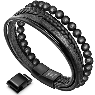 Image of murtoo Men&#039;s Bracelet Leather for Men Natural Stone Lava Onyx Black Brown Magnetic Clasp Gift (Braided With Lava, 8.3&#039;&#039;)
