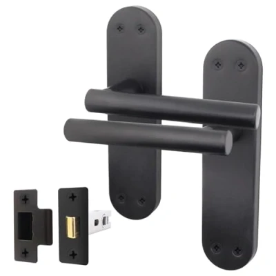 Image of EAI Black Door Handle Latch Set 1 Pair of Matt Internal Lever T Bar Handles on Backplate &amp; (64mm) Oliena Range