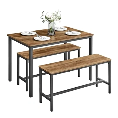 Image of VASAGLE Dining Table with 2 Benches, 3 Piece Set, Kitchen of 70 x 110 75 cm, Benches 30 97 50 cm Each, Steel Frame, Honey Brown and Ink Black KDT070B41