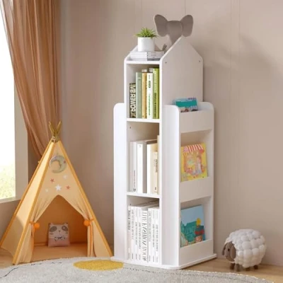 Image of tonchean Rotating Kids Bookshelf 3 Tier, White Children&#039;s Bookcase, Wooden Book Shelf Room, Bookcase Castle Free Standing for Living Room Playroom Bedroom