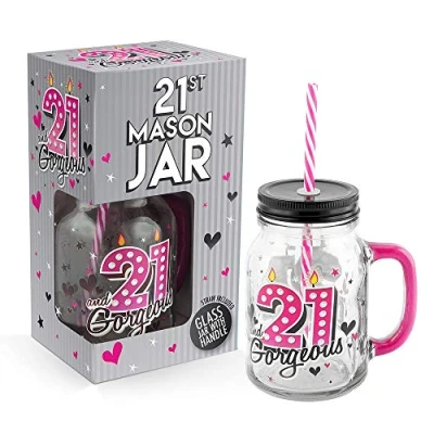 Image of Lesser &amp; Pavey 21st Birthday Cocktail Drinking Mason Jar With Metal Lid Glass Handle and Pink/White Straw 500ml Lovely Gift Idea