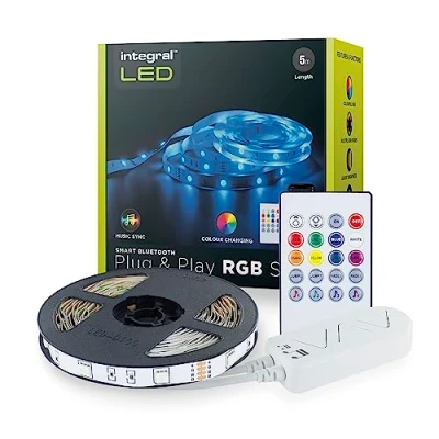 Image of Integral LED 5m RGB Strip Light with UK Plug Adapter &amp; IR Controller, Play, Colour Changing, Dimmable Bluetooth App and Remote Control Adjustable Colour, Brightness Music Sync