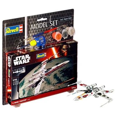 Image of Revell Model Set 63601 Star Wars X wing Fighter 1:112 Scale Unbuilt/Unpainted Plastic Kit with Contacta Professional Glue, Paintbrush &amp; Selected Aqua Color Paints