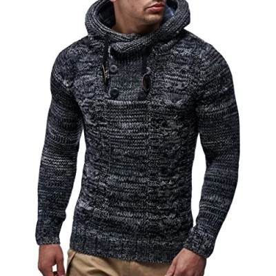 Image of Leif Nelson Men&#039;s Pullover Knit Sweater Hooded Hoodie LN 20227 Black XXXX Large