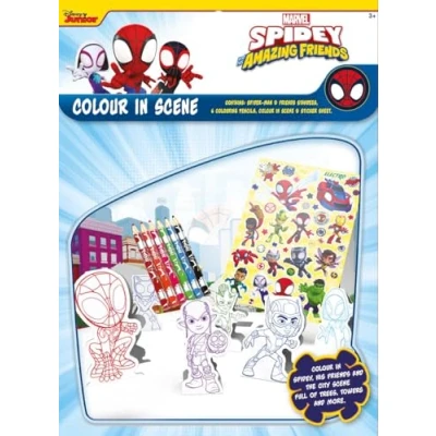 Image of Design Group Spidey &amp; Friends Colour In Scene Colouring Set Pencils Standees Stickers Cut Out Activity Kids 3+