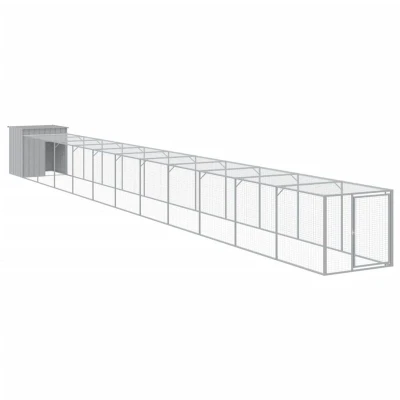 Image of vidaXL Galvanized Steel Chicken Cage with Extended Run Light Grey, Mesh Design, Sun and Rain Protective Roof, Convenient Access, Ideal for Animals