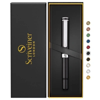 Image of Scriveiner Black Rollerball EDC Luxury Pen, Stunning Pocket Pen with Chrome Finish, Cool Writing Best Gift for Men &amp; Women, German Schmidt Refill, Nice Present, Fancy Office Designer Set
