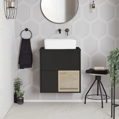 Image of Milano Bexley Black Grey 600mm Wall Hung Bathroom Vanity Unit Square Basin Open Shelf