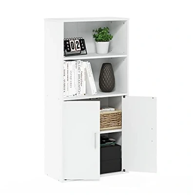 Image of Furinno Pasir Storage Bookcase with 2 Open Shelves and Doors, White