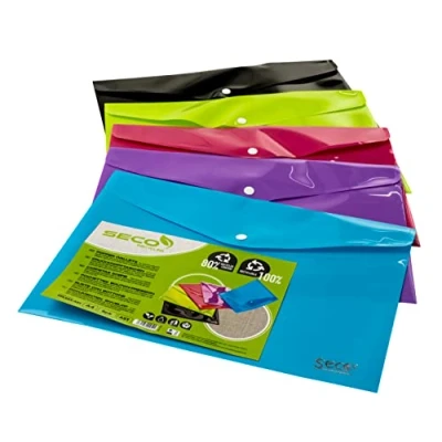 Image of Seco A4+ Landscape Recyclable Popper Wallet Assorted Colours (Pack of 5)