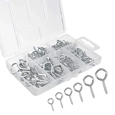 Image of FEPITO 100 Pieces Eye Bolts Screw Hooks Nickel Plated Metal in Hook, Mixed Size