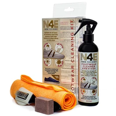 Image of N4E Shoe Trainers Footwear Cleaner, Restorer &amp; Reviver Care Cleaning Kit Spray, Brush, Cloth, Block Sachets