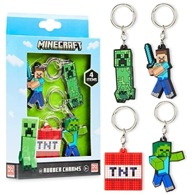 Image of Minecraft Bracelet Kids Keyrings and Silicone Wristband Set Creeper Key Chain of 4, Collectables Gaming Gifts (Multi Keyring Set)