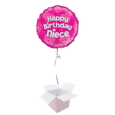 Image of Happy Birthday Niece Holographic Round Foil Helium Balloon Inflated in a Box