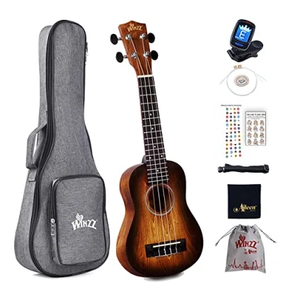 Image of Winzz Kids Adults Ukulele Soprano Beginner Kit 21 Inches with 8 Accessories, Unique Color DesignBrown