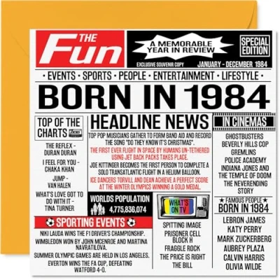 Image of 40th Birthday Cards for Men Women Born In 1984 Newspaper Happy 40 Card Mum Dad Uncle Aunt Vintage Retro Back 1984, 145mm x Forty Fortieth Bday Greeting