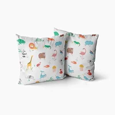 Image of Happy Linen Company Girls Boys Kids Animal Alphabet ABC White Multicolour Square 43cm x Reversible Cushion Covers